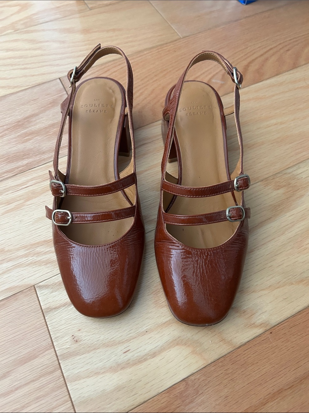 Sezane Paula Babies -  Patent Mary Jane Slingback Heels in Polished Camel